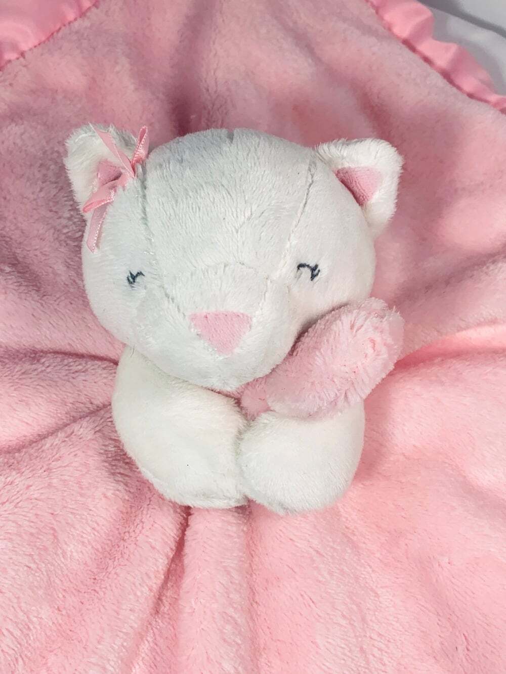 Carters Pink White Kitty Cat Satin back Bow Soft Security Blanket Lovey plush
